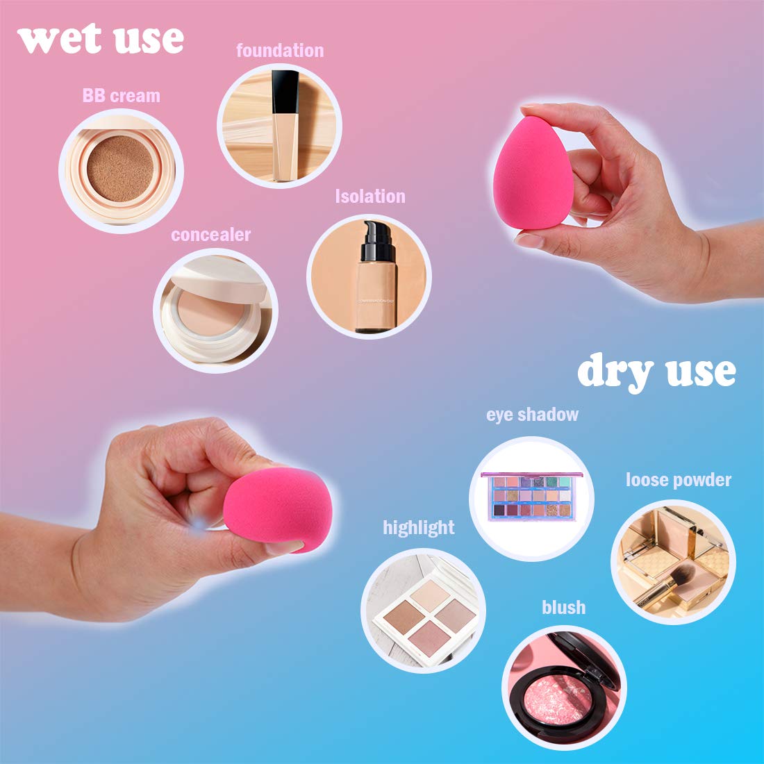Makeup Sponge Set 4 Pack Makeup Blenders Foundation Blending Sponges 3 Shapes Beauty Make Up Blender Cosmetic Tools for Powders, BB Cream, Liquid and Sunscreen (Pink) : Beauty