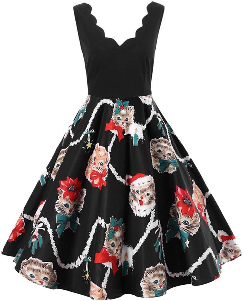 VJGOAL Women Fashion Sleeveless V-Neck Christmas Cats Print Vintage Flare Swing Dress Vintage Dress 1920S for Party Prom