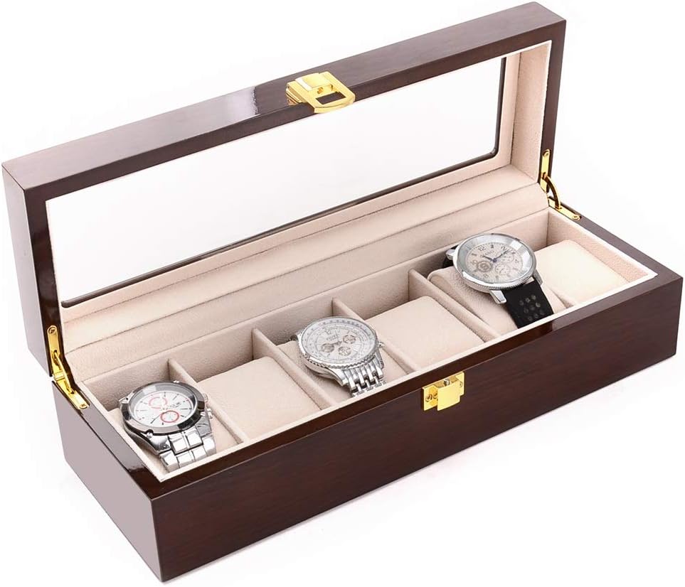 Watch Case 6 Grids Watch Box Case Organizer Display with Glass Top for