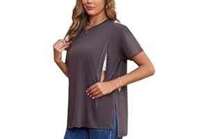 Ecavus Women's Oversized Nursing Shirts for Breastfeeding with Hidden Zipper Short Sleeves Side Splits Maternity Tops