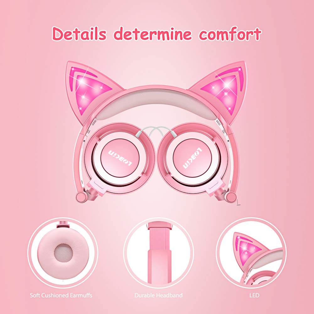 Cuffie per Bambini, Orecchio sopra con orecchie di gatto incandescente a LED, Cat Ear Headphone Cablate, 85dB Volume, Kids Cuffie ispirate al gatto per ragazze (Rosa)