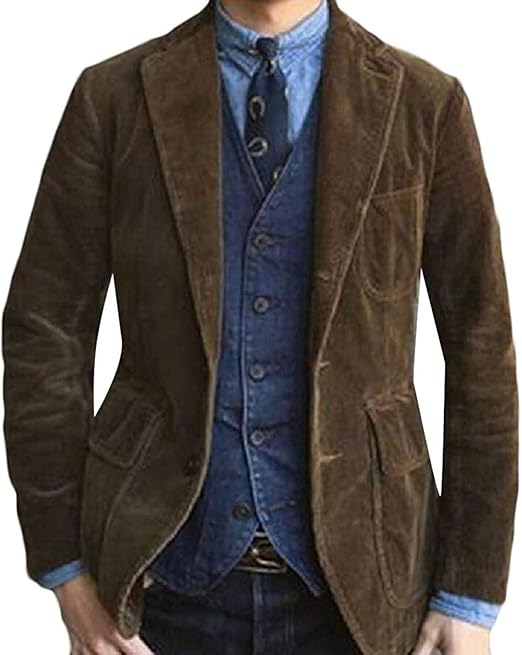 Men Fall Winter Corduroy Lapel Plain Dress Blazer Jacket Suit Coat