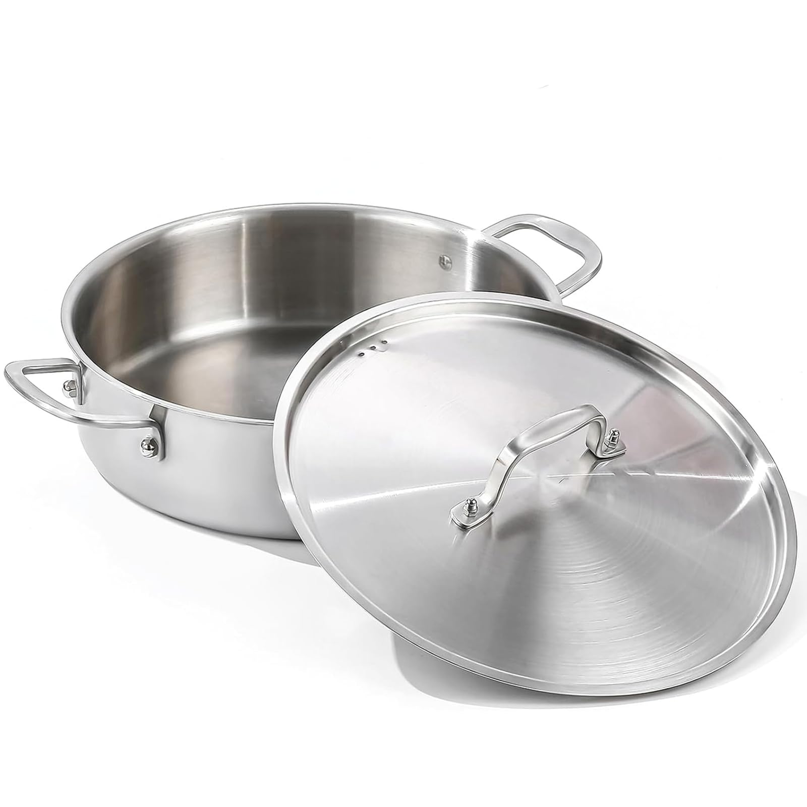 Photo 1 of (LID IS MISSING HANDLE) DELARLO Tri-Ply Stainless Steel 5 Quart Braiser Pan with Lid Induction Rondeau Pot With Lid 12inch Deep Frying Pan Large Saute Pan Heavy Duty Style Compatible With All Cooktops Up to 650?