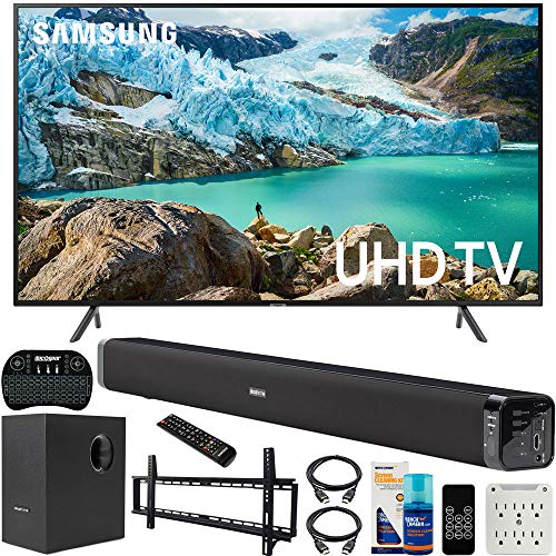 Samsung UN55RU7100 55-inch RU7100 LED Smart 4K UHD TV (2019) Bundle with Deco Gear Soundbar with Subwoofer, Wall Mount Kit, Deco Gear Wireless Keyboard, Cleaning Kit and 6-Outlet Surge Adapter