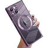 KANGHAR Case Designed for iPhone 15 Plus Magnetic Clear Case with Camera Lens Protector[Compatible with MagSafe] Luxury Cute Plating Design Full-Body Shockproof Protection Cover Deep Purple