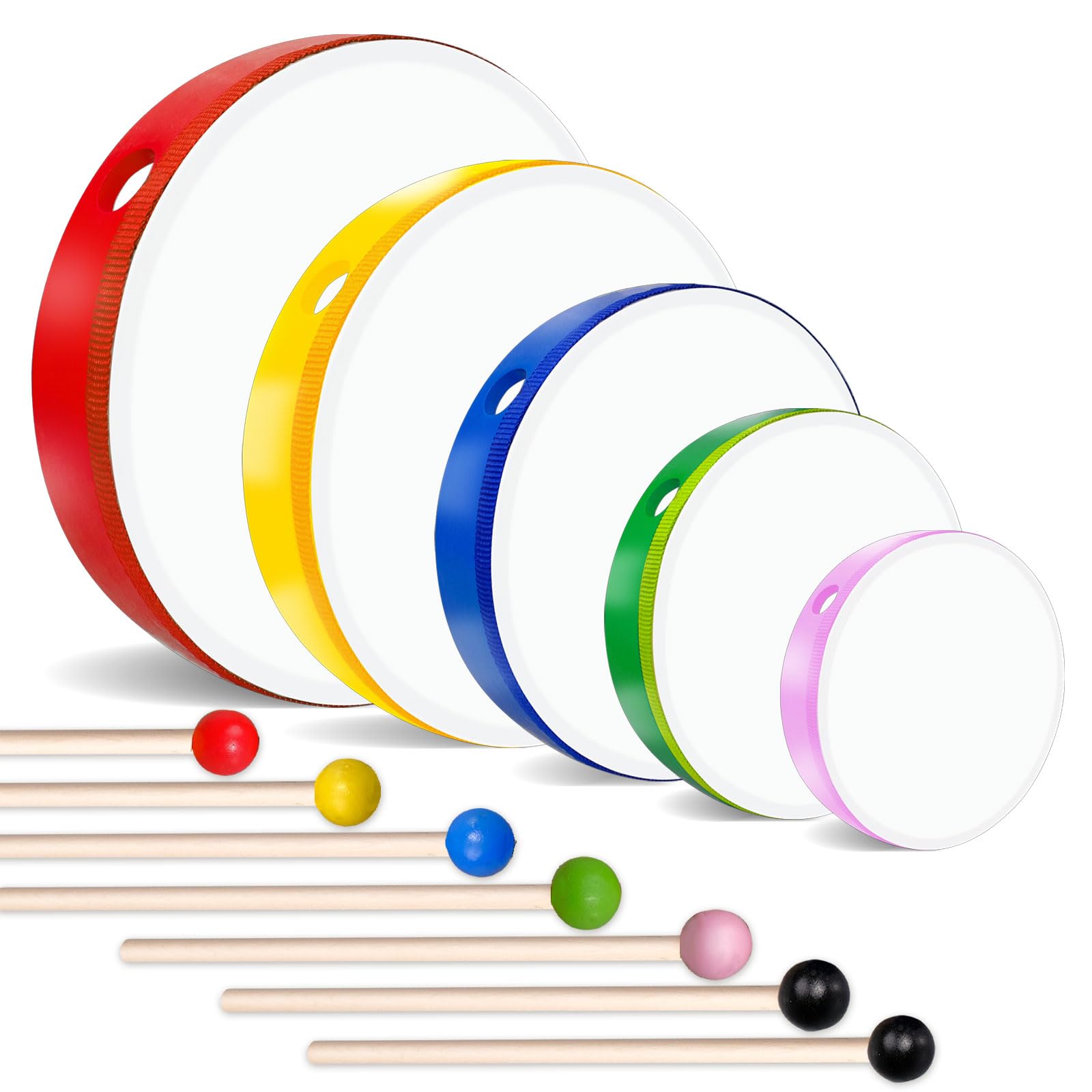 Photo 1 of 5 Pcs Kids Hand Drums Wood Frame Drum Set with Drum Stick 12 Inch 10 Inch 8 Inch 6 Inch 4 Inch Multicolor Percussion Musical Instruments for School Kids Adults Beginners Home Party Supplies