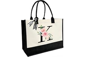 JOJHDR Initial Canvas Beach Tote Bag with Printed letter,Personalized Gifts for Women,Mom,Friends,Teachers and Bridesmaids