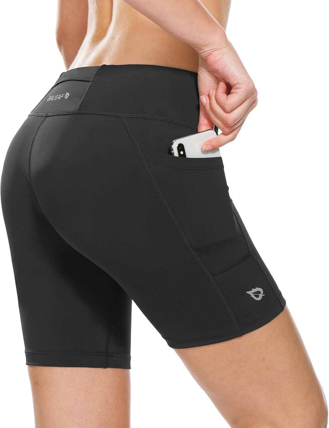 BALEAF Women's 7 Inches Long Compression Running Yoga Spandex Shorts Workout Back Pockets : Clothing