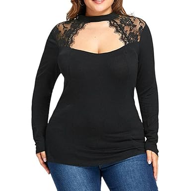 URSING Damenblusen Frauen Lange Ärmel Einfarbig Übergröße Spitze Lässige Herbst Bluse Halsband Lose Tops T-Shirt Elegant Lang