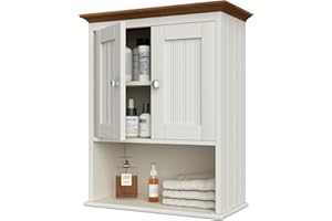 Treocho Wood Wall Cabinet, Bathroom Medicine Cabinet Storage with Doors and Adjustable Shelf, Rustic Cabinet Wall Mounted for Bathroom, Living Room, Kitchen, White & Brown