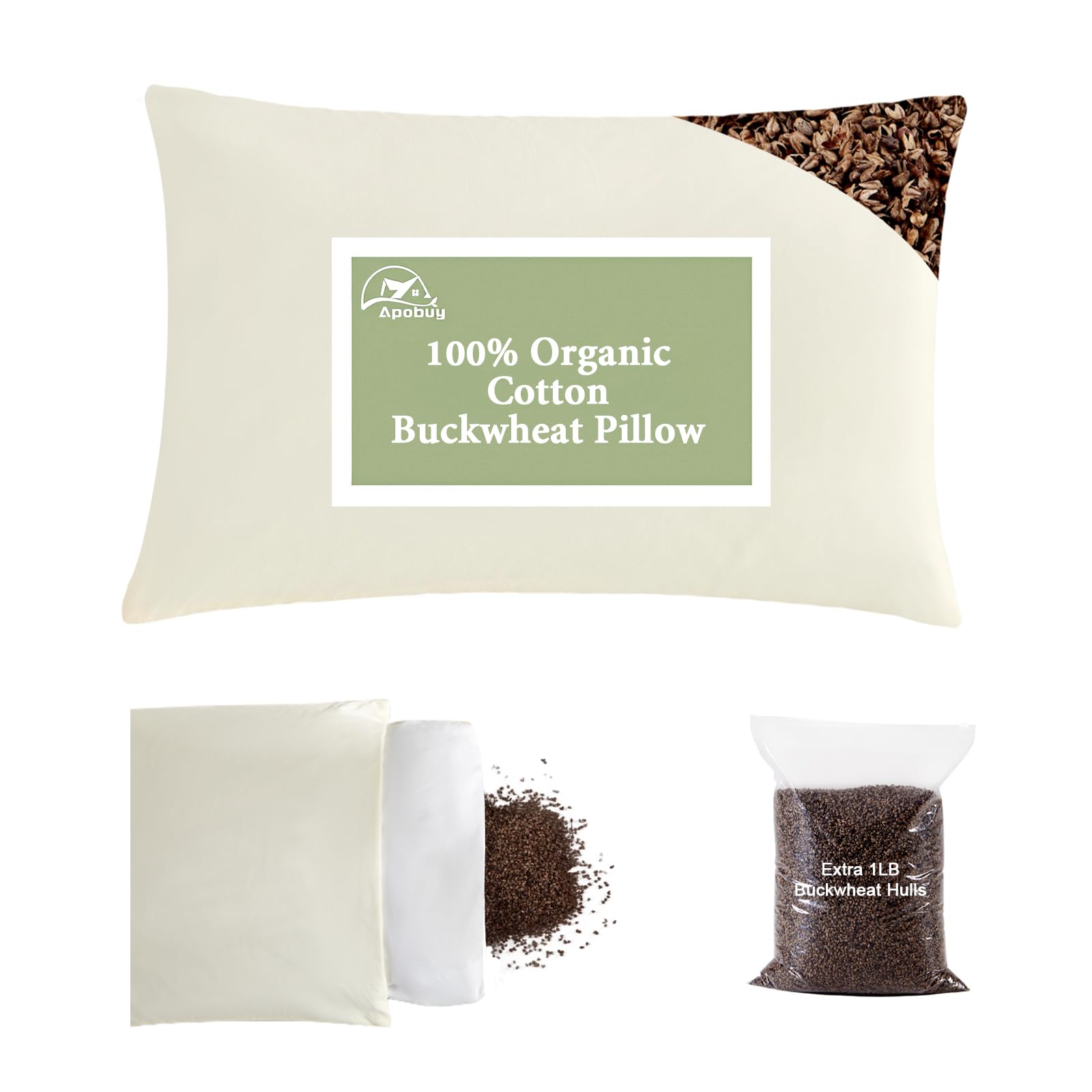 Photo 1 of APOBUY 20x26 Large Organic Buckwheat Pillow with Dual-Layer Pillowcase and Extra Tartary Buckwheat Hulls, Adjust Height and Firmness, Neck Support Pillow for Back and Side Sleepers