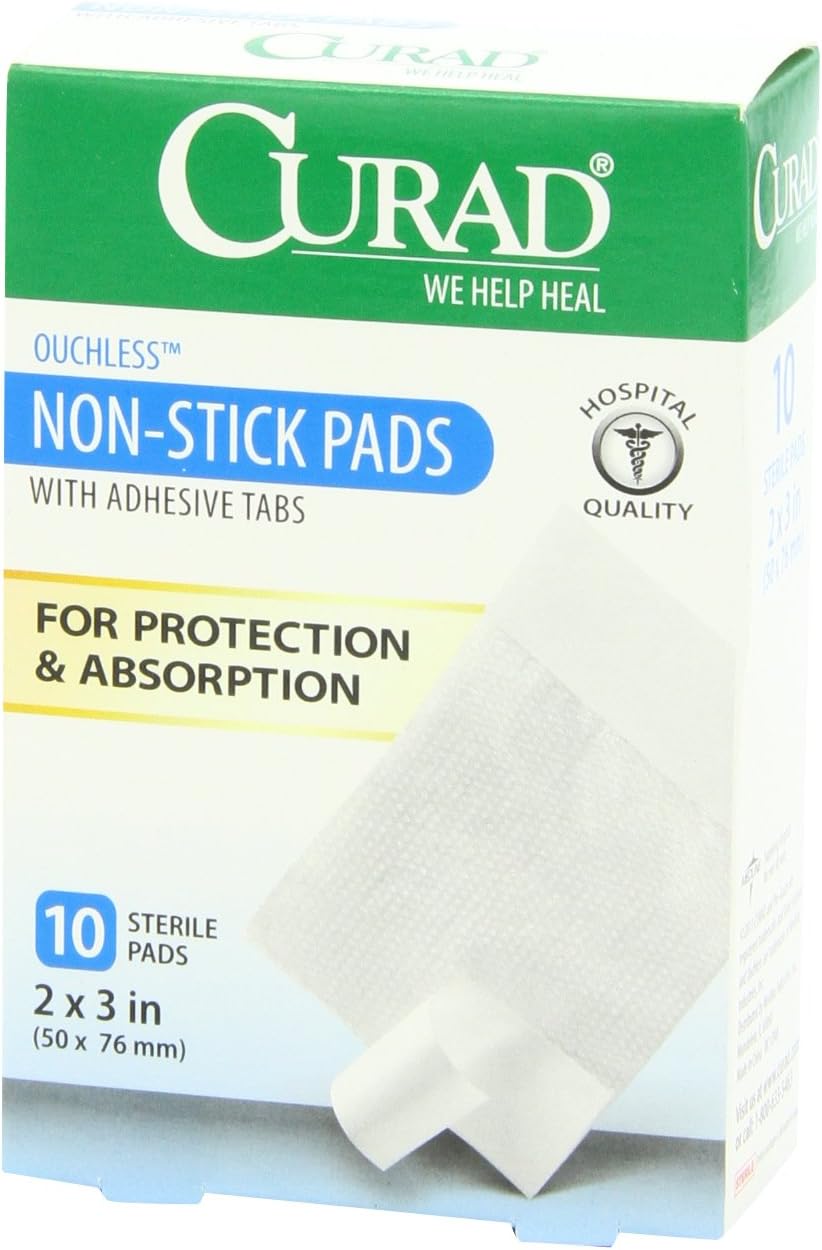 Curad Non-Stick Pads, 2 Inches X 3 Inches with Adhesive Tabs, 10 Count: Health & Personal Care