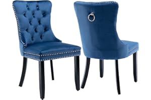 SHENYON Upholstered Dining Chairs Set of 2, Velvet Dining Room Chairs with Back Ring Pull Trim and Solid Wood Legs, Tufted Wingback Kitchen Chair Perfect for Dining Room,Living Room,Kitchen(Blue)