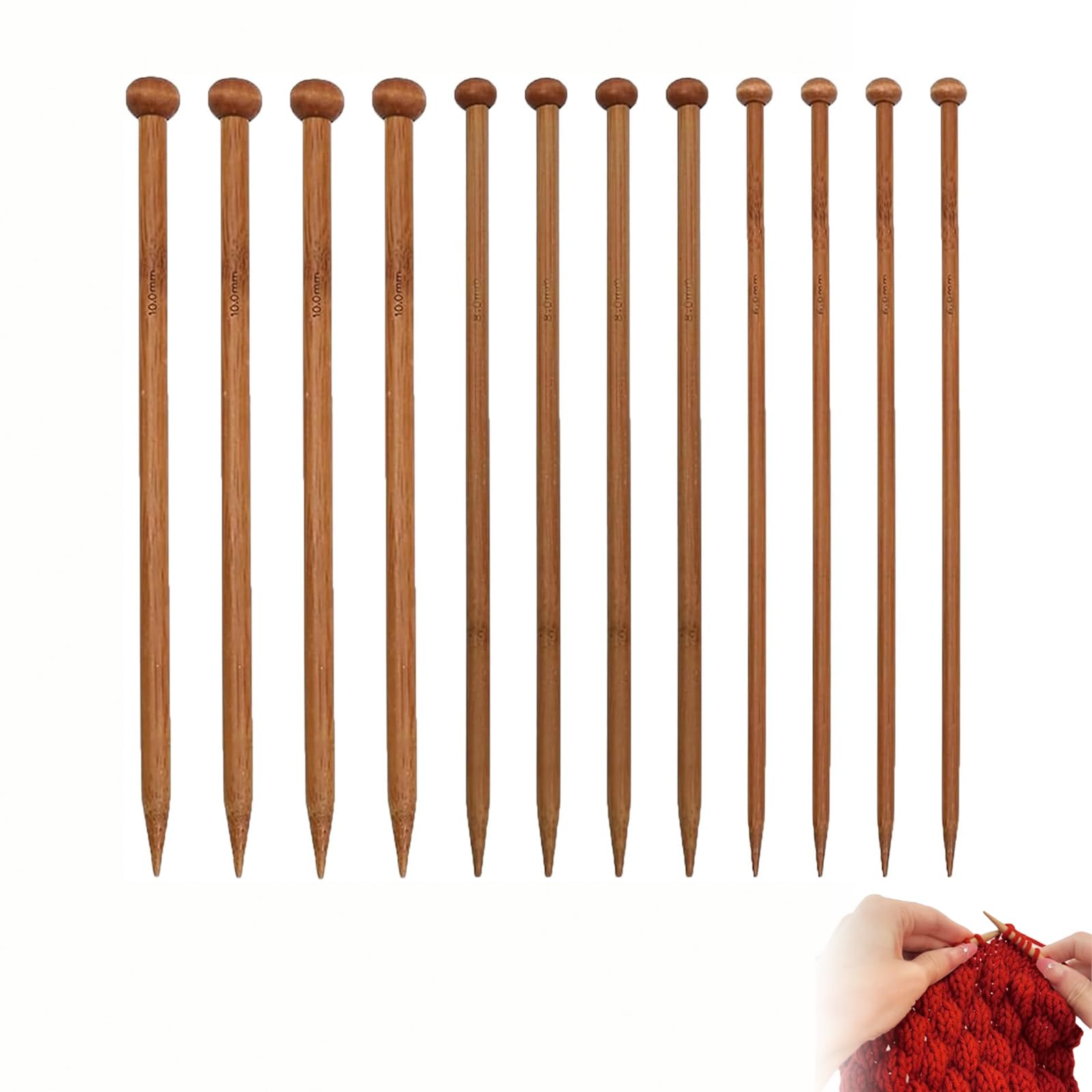 12PCS Bamboo Knitting Needles, Knitting Needle Set for DIY Handmade Sweater Scarf Wool Project, Wooden Knitting Needles, for Beginners Professional Different Sizes(6mm, 8mm, 10mm)