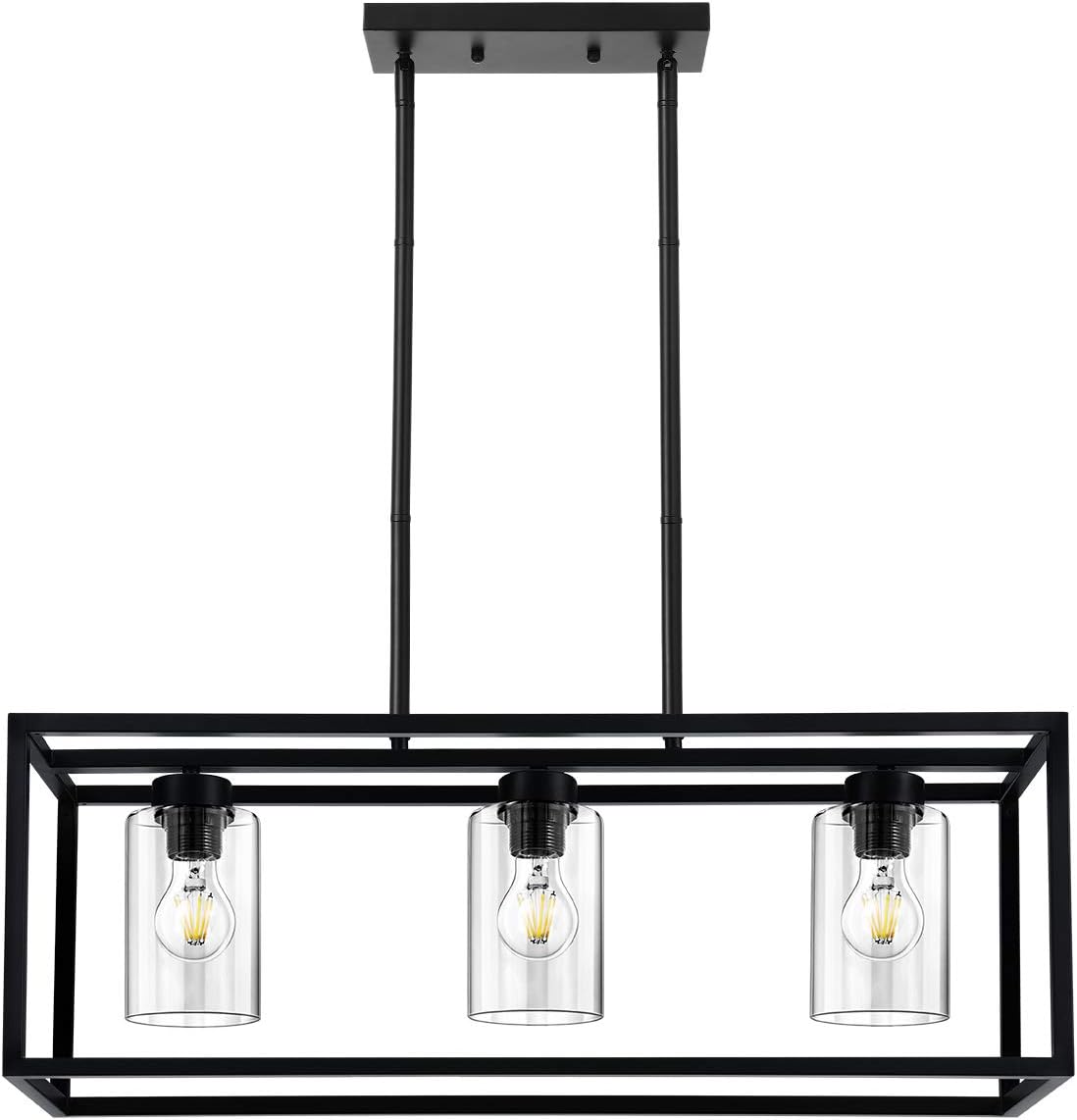 KEDSUM 3 Lights Farmhouse Kitchen Island Lights, Modern Chandeliers Rectangle Black Pendant Lighting for Dinging Room, Hanging Linear Cage Island Lighting with Clear Glass Shade and Adjustable Rods - - 