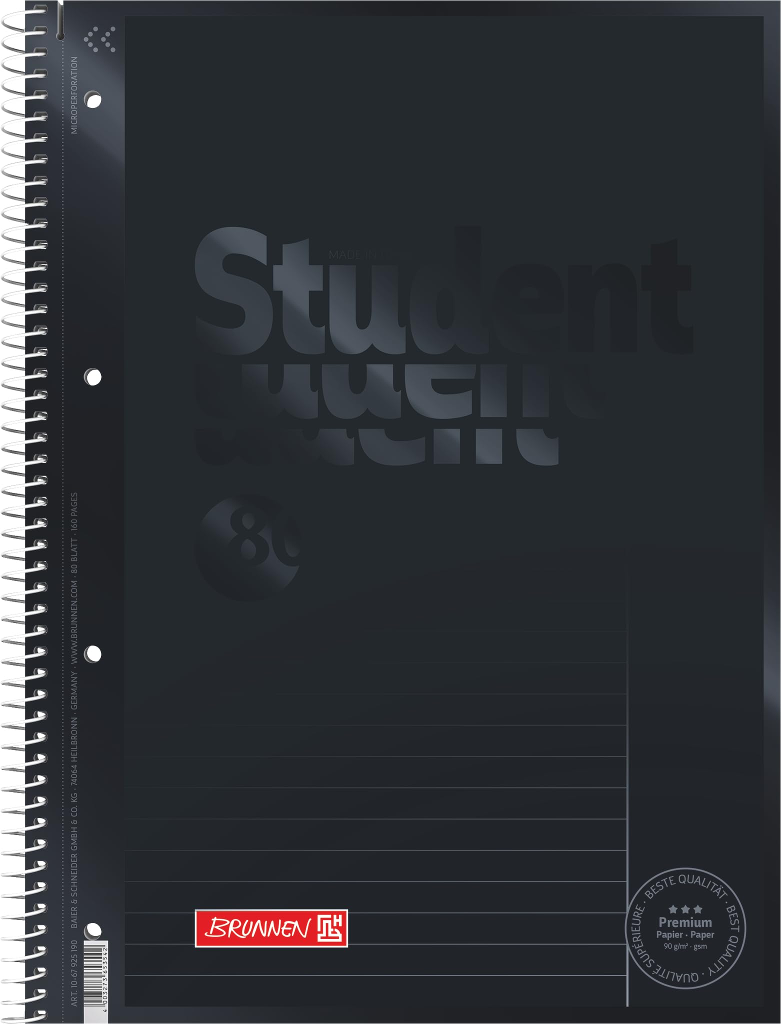 Brunnen 1067925190 Note pad / College block Student Color Code (A4 lined, ruling 25 90 gsm, 80 sheets) black
