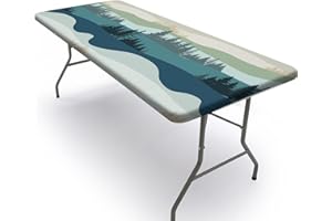 PLAY TAILOR Picnic Table Cover Camping Essentials Rectangle Elastic Fitted Table Cloth 6FT Waterproof Windproof Table Covers for Indoor, Outdoor, RV Campers Accessories 30 x 72 inch, Green Blue