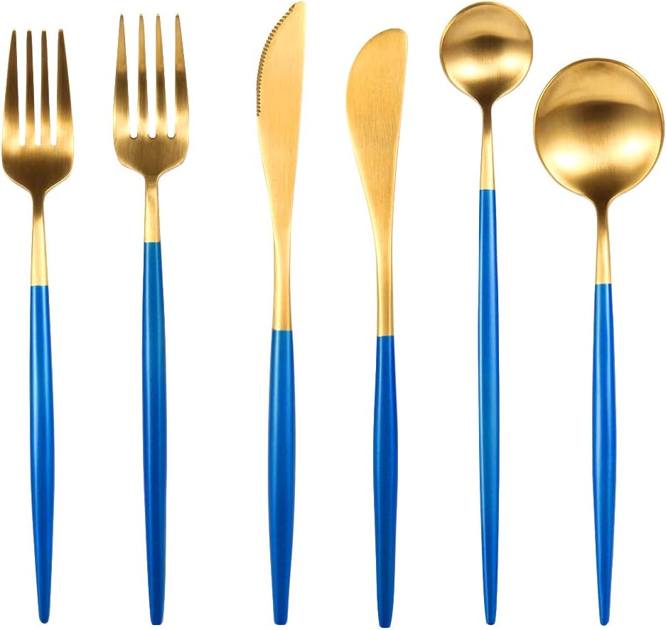Tenghebao Flatware Cutlery Set, Stainless Steel Utensils Service, Including Fork Spoons Knife Tableware Set 18/10 Portable for 6 Pieces,Dishwasher Safe (Blue Gold)