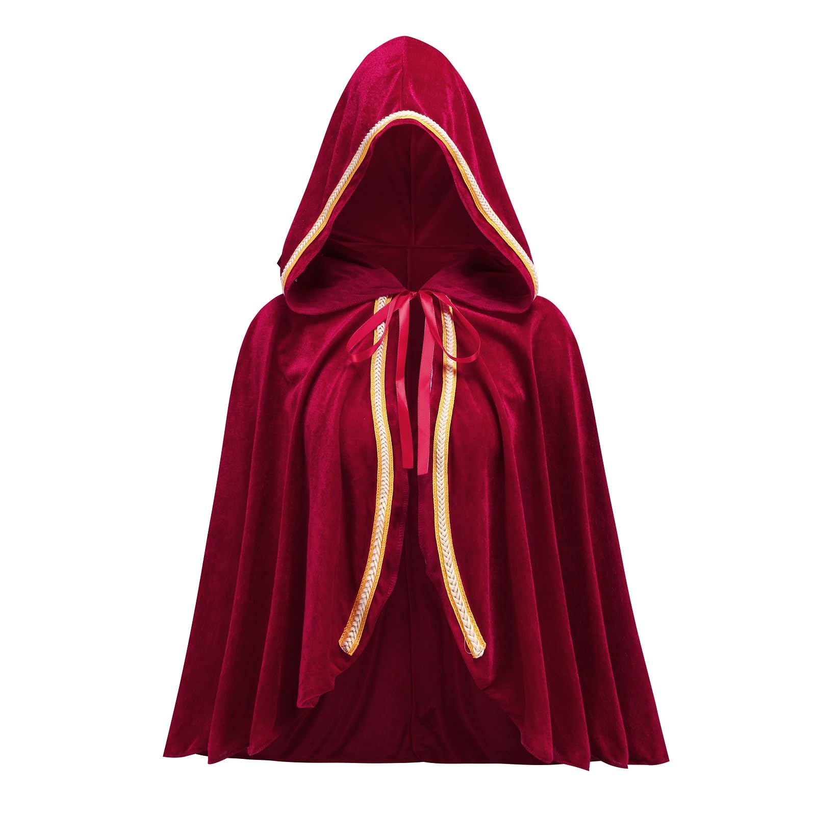 maxToonrain Red Riding Hood Cape Hooded Red Cape Cloak Adult Velvet Little Riding Hood Costumes Fairytale Character Halloween World Book Day Outfit for Women (Dark Red & Gold Trim,70cm)