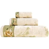 KINGSHORE 3 Piece Premium Bath Towel Set (Flowers), 1 Bath Towel 1 Hand Towel 1 Washcloth, Quick-Drying, 100% Cotton,Oeko-TEX Certified (Yellow)
