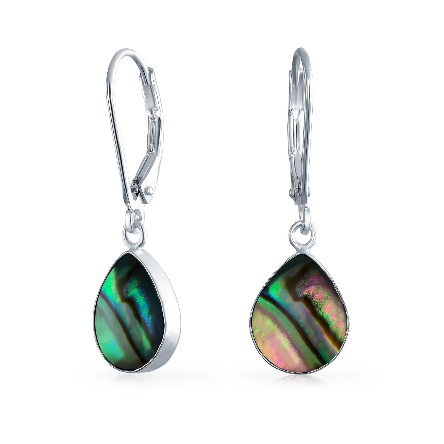 Geometric Iridescent Rainbow Natural Abalone Shell Natural Rain Drop Teardrop Dangle Earrings For Women Teen .925 Sterling Silver Lever Back