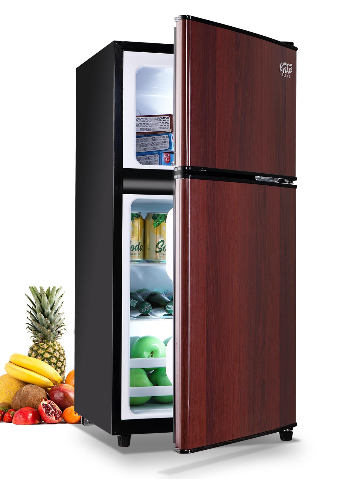 KRIB BLING Mini Fridge With Freezer,Compact Refrigerator With 2 Doors,7- Level Adjustable Thermostat, Removable Glass Shelves For Bedroom, Office, Kitchen, Apartment, Dorm,3.5 Cu. Ft Wood
