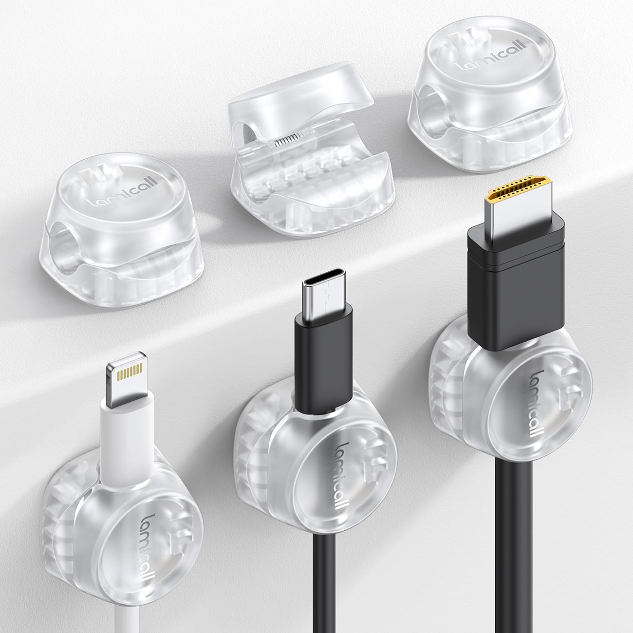 Lamicall [6 Pack] Spring Cable Holder Clips - No-residue Cord Management, Wire Holder Organiser, Desk Tidy, Cable Keeper for USB, HDMI, Wall, PC, Car, Office, Home - Transparent (8mm)