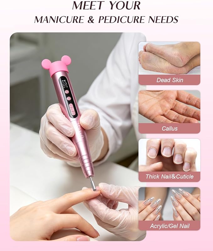 Furadeira profissional 13 em 1, lima elétrica, 35000rpm, 6 velocidades ajustáveis, conjunto de manicure, pedicure para pés, polidor, broca em gel Unhas, removedor de cutículas, manicure, rosa — foto 7 de 8