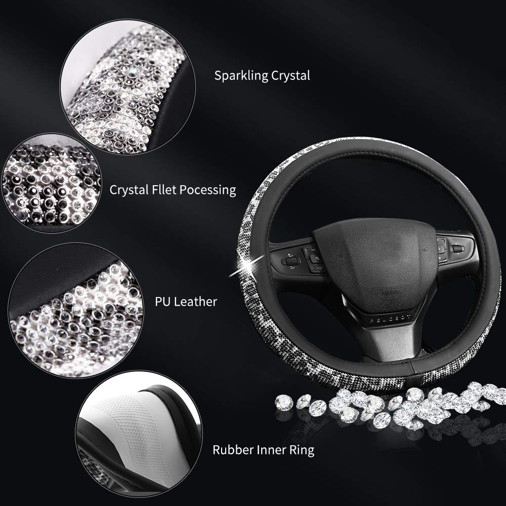 QUEES Diamond Leather Steering Wheel Cover with Bling Crystal Rhinestones Universal Fit 15 Inch Anti-Slip Wheel Protector for Women Girls