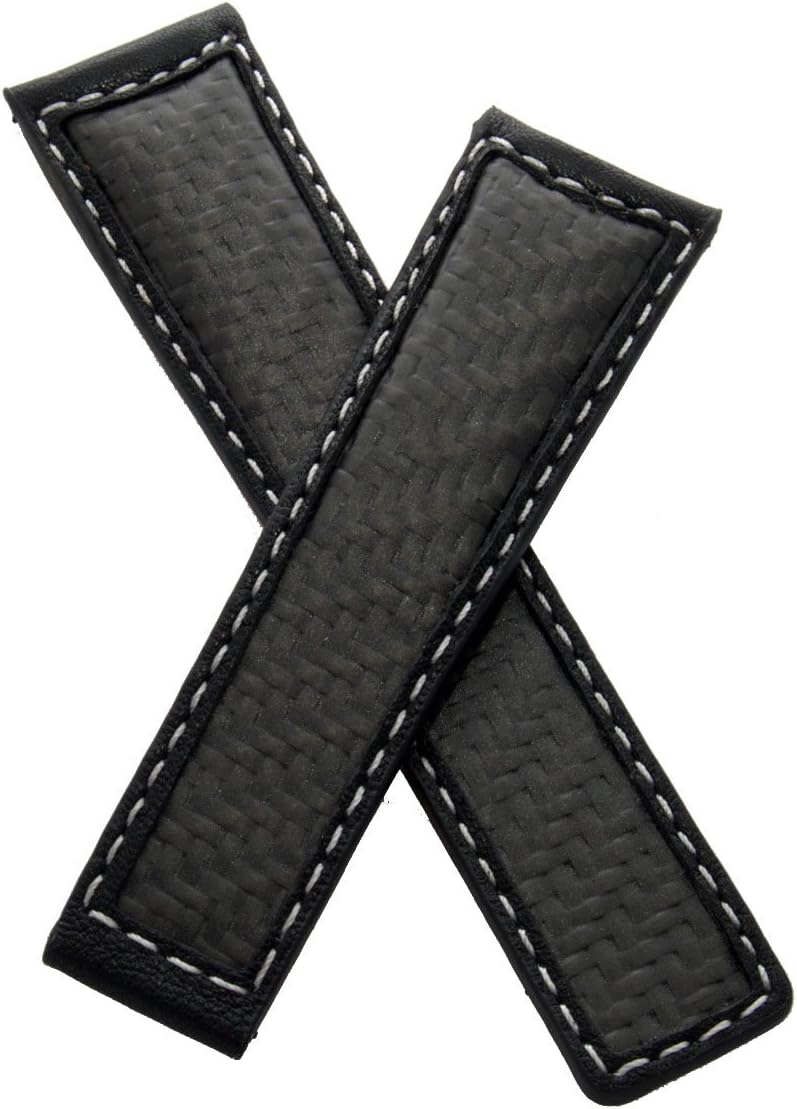 WatchstrapworldTH-GC5037-01-0998-22 mm Black Leather Deployment Watch Strap with Carbon Fibre Inserts and White Stitching Compatible with TAG Heuer Carrera and Grand Carrera Models Listed Below