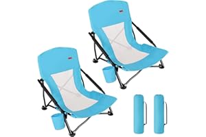 TOBTOS Low Beach Chair, Beach Chairs for Adults 2 Pack, Low Profile Folding with Cup Holder & Carry Bag, Heavy Duty Chair for Outdoor Sand, Camping, Concert, Travel