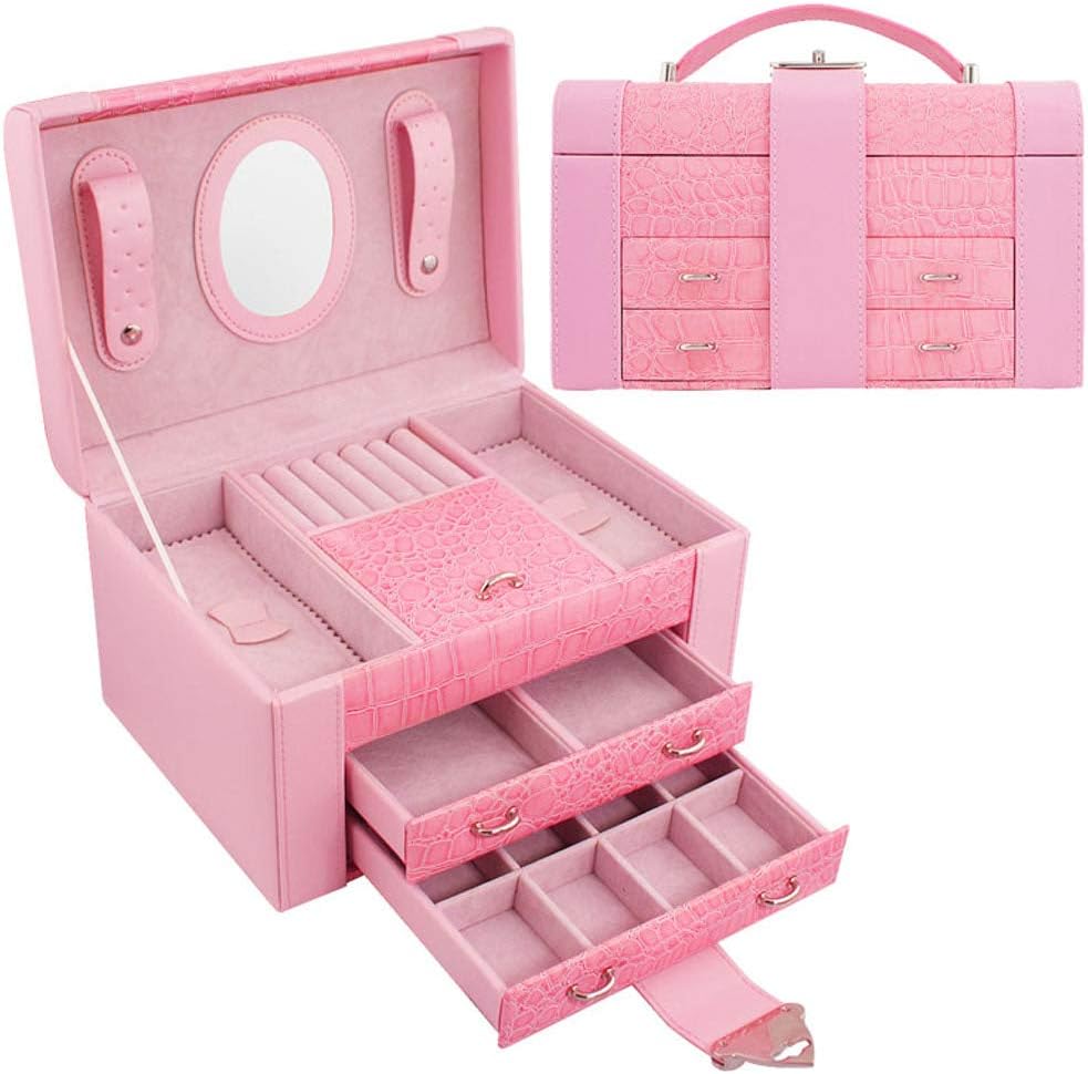 Xiaoping Jewelry Box Exquisite PU Leather Buckle Mirror Jewelry Storage Box (Color : Pink)