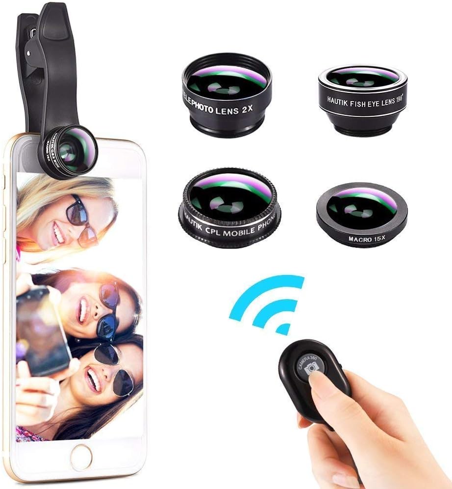 Cell Phone Camera Lens, 5 in 1 HD Lens Kit, 0.6X Wide Angle + 15X Macro Lens + Telephoto Lens + CPL Lens, Clip On Smartphone Lenses for iPhone 8/7/ 6/5/ 4, Samsung Remote Shutter