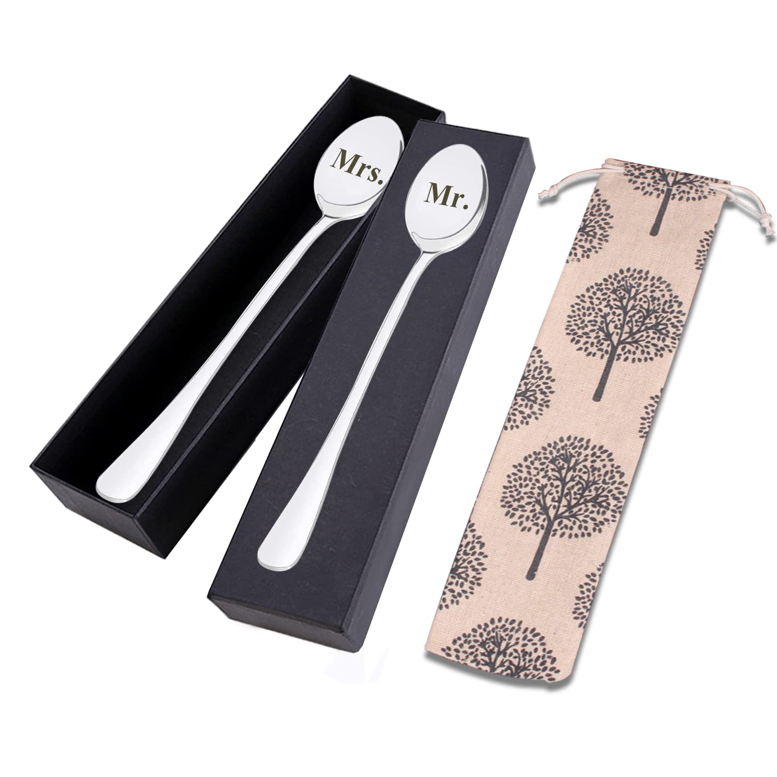 Wedding Gifts Spoon Mr & Mrs Coffee Spoon Ice Cream Spoon for Him and Her Stainless Steel Engraved Spoons Present for Couples Parents Grandparents in Christmas and Anniversary-2 Pcs