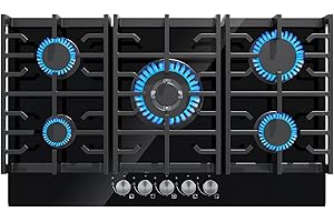 Davivy 34 inch Gas Cooktop,5 Burner Gas Stove Top,Built in All Black Tempered Glass Surface Gas Cooktop - NG/LPG Convertible,Dual Fuel,Thermocouple Protection,Easy to Install,CSA Certified,36004 BTU