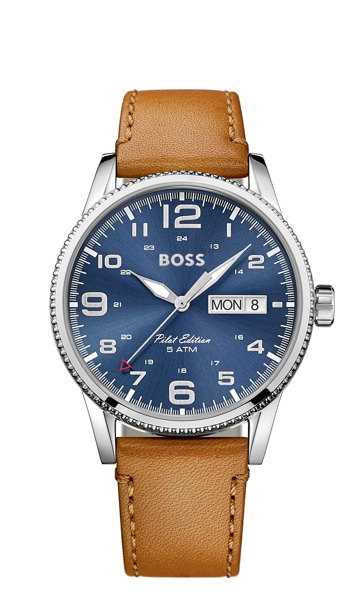 BOSS Analogue Quartz Watch for Men with Light Brown Leather Strap - 1513331, blue, Classic