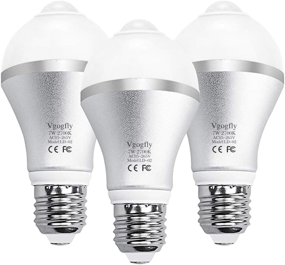 Motion Sensor Light Bulb Dusk to Dawn PIR Built-in Motion Sensing Activated Detector LED Bulbs Smart Outdoor Indoor Front Door Lamp 7W E26 Security(Warm White, 3 Pack)