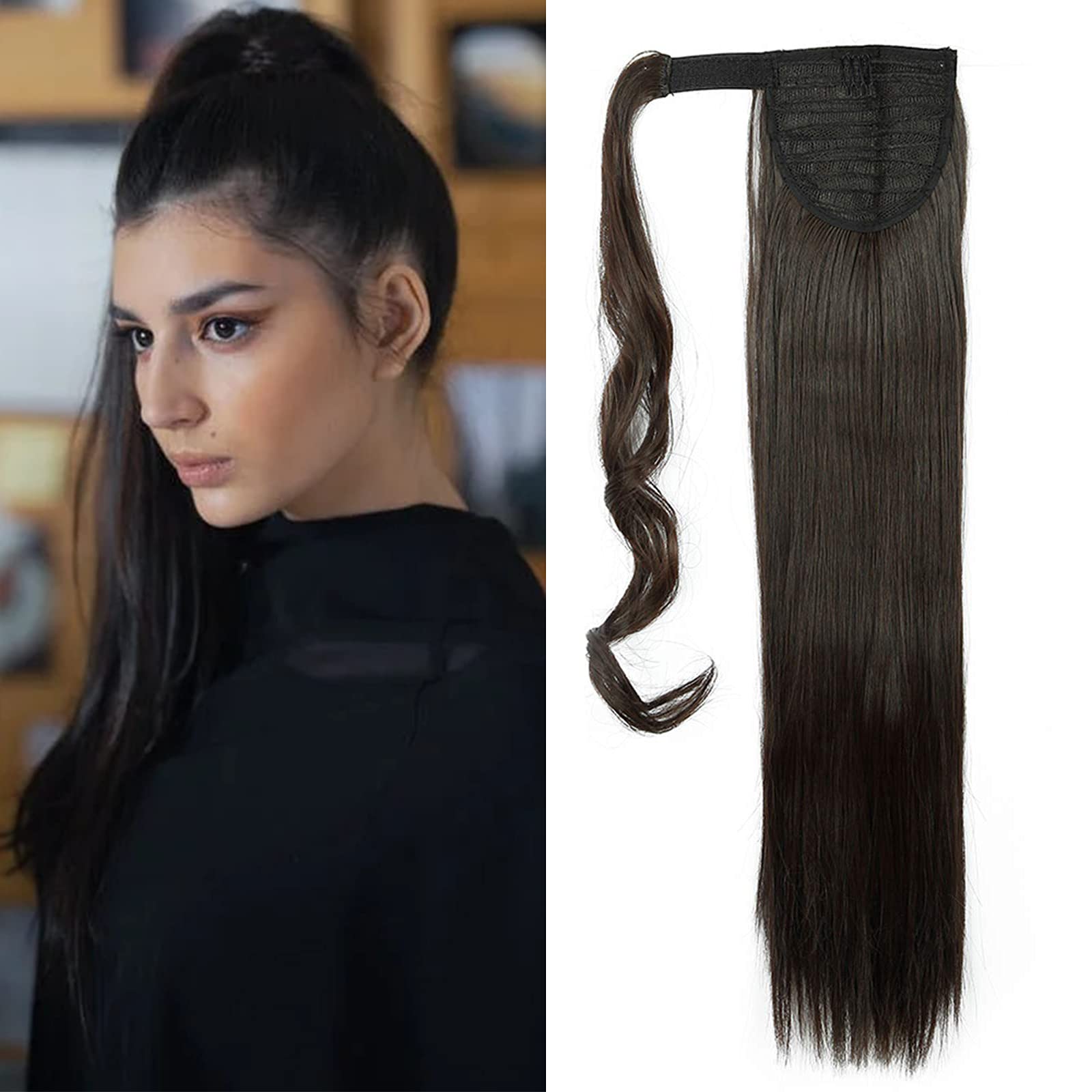 Dark Brown Ponytail 23inch Hair Extension Wrap Around Ponytails Clip in on Pony Tail Synthetic Straight Hairpiece