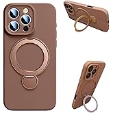 360° Spin Invisible Magnetic Stand for iPhone 16 Pro Max Case Silicone Supports Wireless Charging Full Camera Protection Shockproof 16 Pro Max Case Women Men Soft Touch Liquid Silicone Cover, Brown
