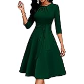 Nmoder Women's Cocktail Dresses, Semi Formal 3/4 Sleeve Tie Waist Wedding Guest Party Work Midi Dress with Pockets