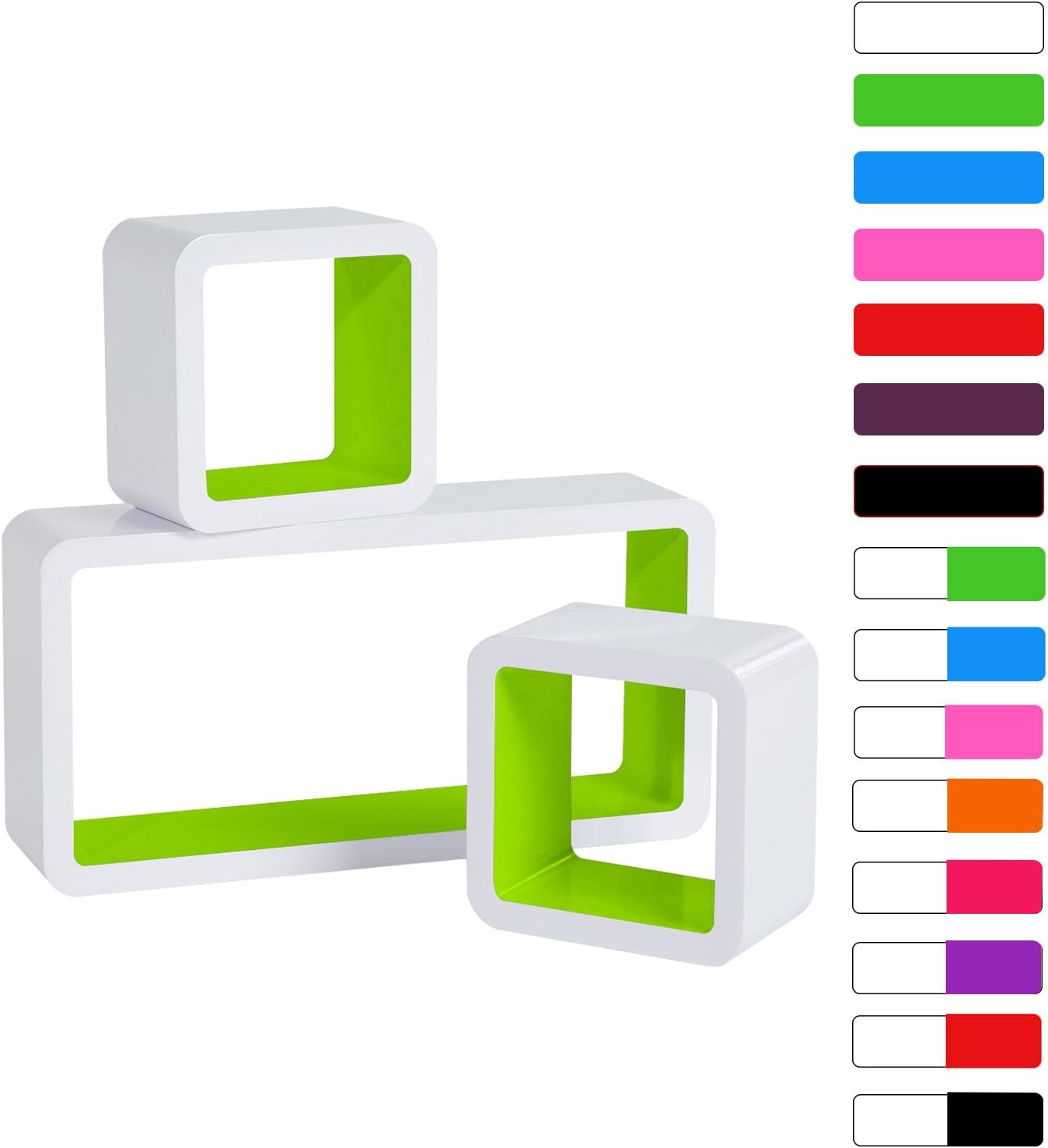 Elegant Design Set of 3 Cube Floating Shelves with Retro Design Wall Mounted Display Shelf White/Green