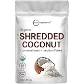 Organic Shredded Coconut Flakes, 4lbs | Raw Unsweetened Flavor, Medium Sized | Great for Baking, Smoothies, or Garnish | Non-