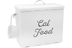 AuldHome Design Farmhouse Cat Food Container (White) Enamelware Rustic Cat Food Bin with Scoop