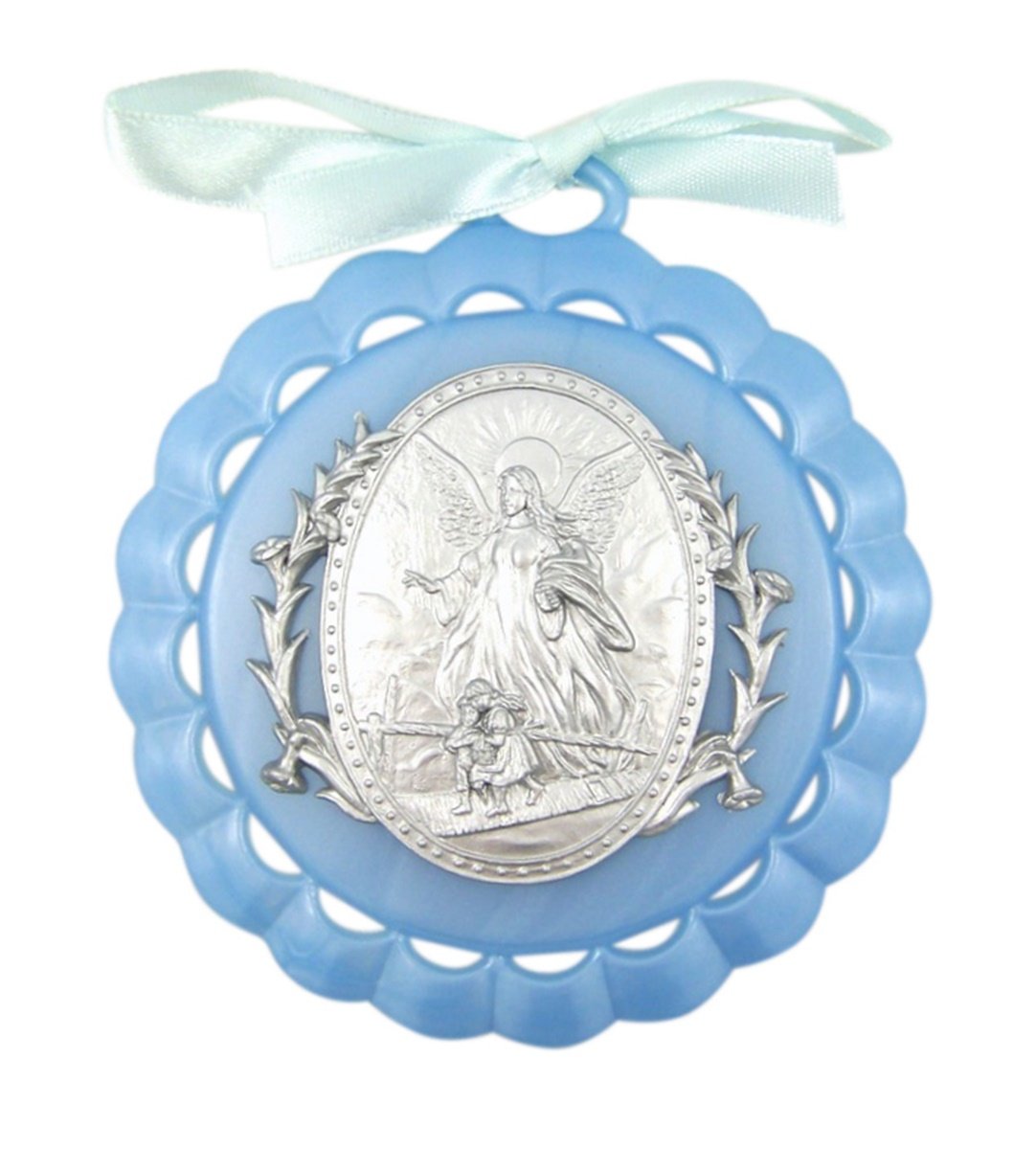 Moulded Acrylic Pink Crib Medal with Guardian Angel for