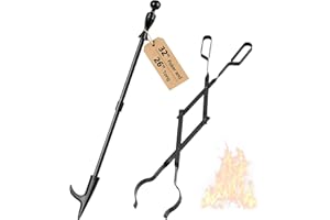AMAGABELI GARDEN & HOME 32" Long Fire Pit Poker Stick and 26" Fireplace Tongs Tool Sets Fireplace Log Grabber for Firewood Campfire Bonfire Heavy Duty Wrought Iron Rustproof Indoor Outdoor Wood Stove