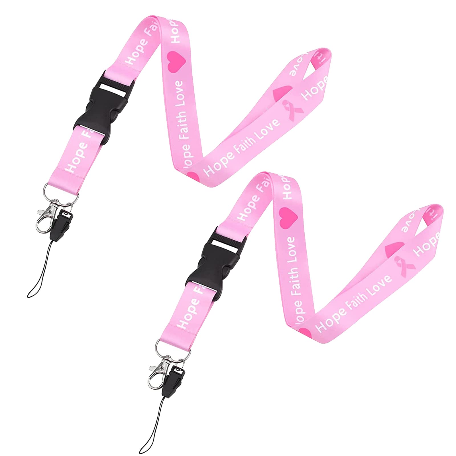WANDIC 2 Pcs Breast Cancer Awareness Lanyards, Pink Ribbon Lanyard Pink Neck Lanyard Strap Badge Card Holder with Quick Breakaway Buckle for Keychain Phone Holder