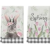 Artoid Mode Buffalo Plaid Bunny Rabbit Flowers Hello Spring Easter Kitchen Towels Dish Towels, 18x26 Inch Seasonal Decoration Hand Towels Set of 2