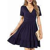 Women's Fashion Summer Causal Short Sleeve Dress V Neck Beach Party Dresses with Pockets