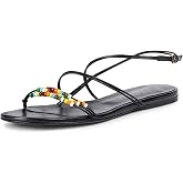 XUNHGAXE Womens Beaded Flat Sandals Ankle Buckle Open Toe | Faux Leather Upper, Colorful Beaded Toe Post, Adjustable Ankle Buckle, Flat Cushioned Sole, Beach Vacation Dress Sandals