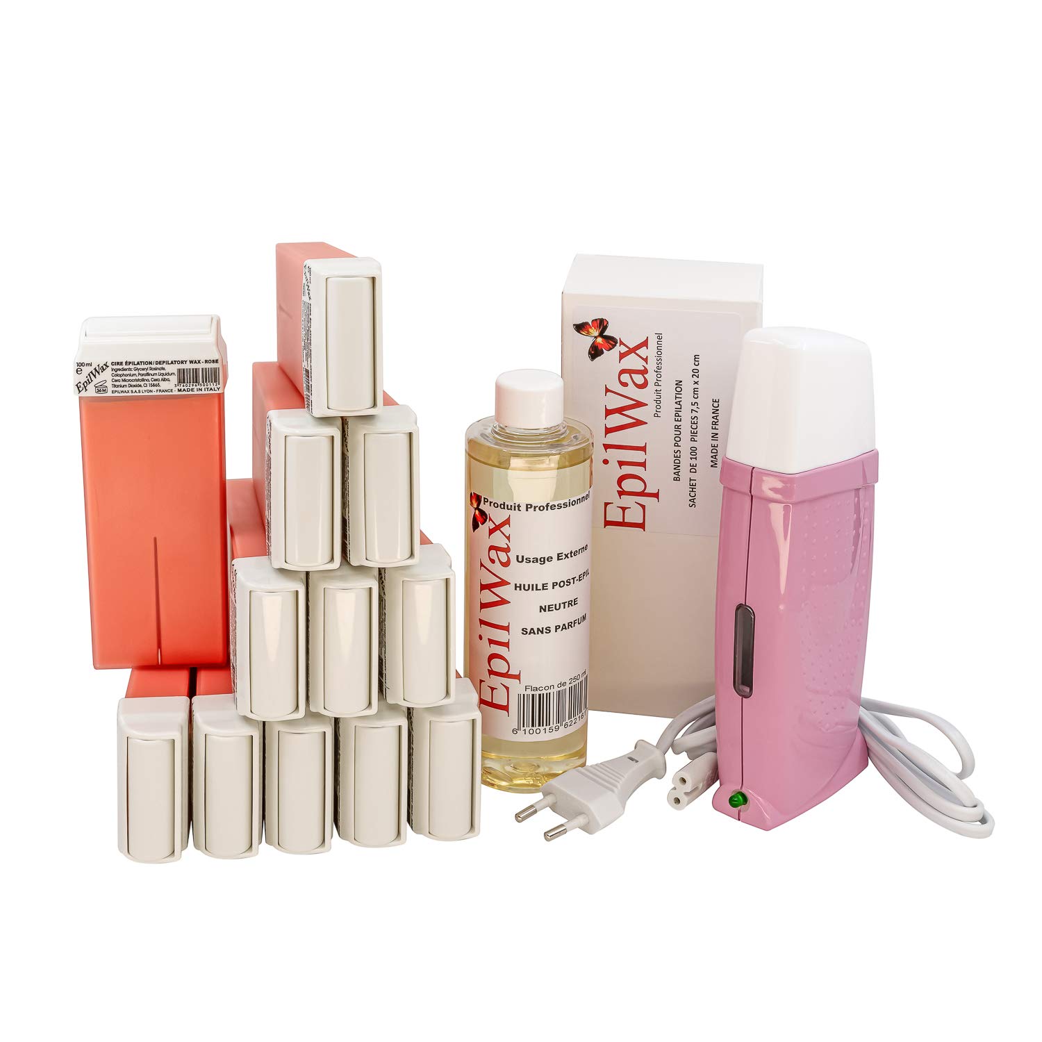 EpilWax Royal Depilatory Kit Complete with: Professional Wax Heater, 12 Roll-On Waxes 100 ml Pink, 100 Depilatory Strips, 1 Bottle of 250 ml After Wax Oil - (Royal Series Pink 12)